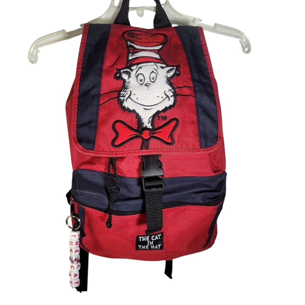 Cat in the Hat red and blue backpack with keychain